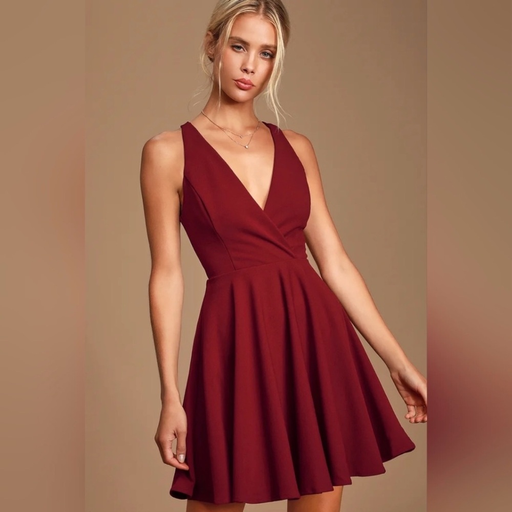 Lulus Wonder Whirl Wine Red Twist Back Skater Dress, NWT